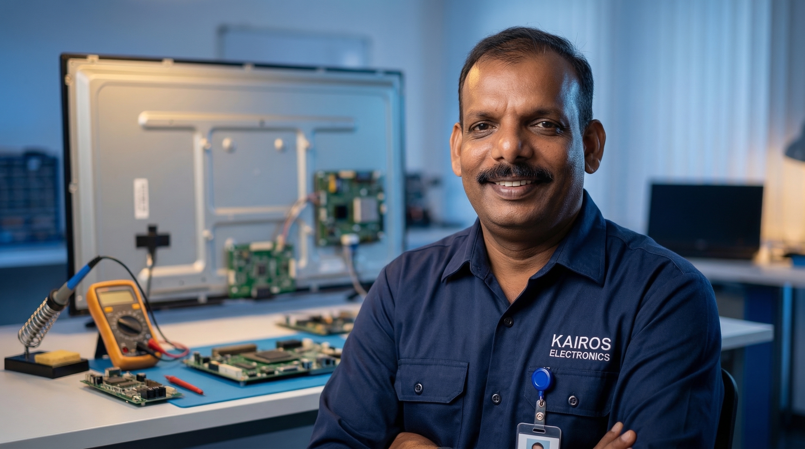 Kairos Electronics technician repairing a TV
